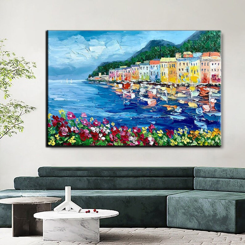 Handmade Oil Painting Floral Ocean Painting Italy Amalfi Seascape Painting Colorful flower Positano Coast Impasto painting Frameless Only Canvas