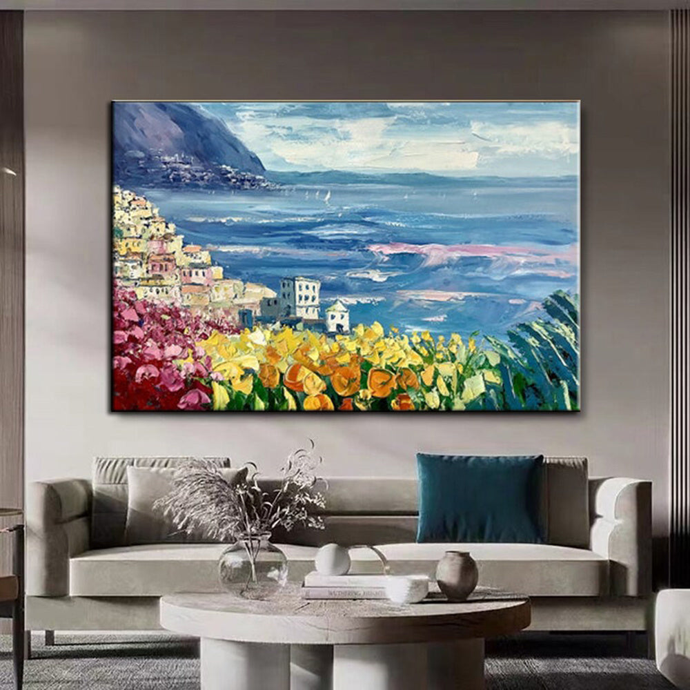 Handmade Oil Painting Floral Ocean Painting Italy Amalfi Seascape Painting Colorful flower Positano Coast Impasto painting Frameless Only Canvas