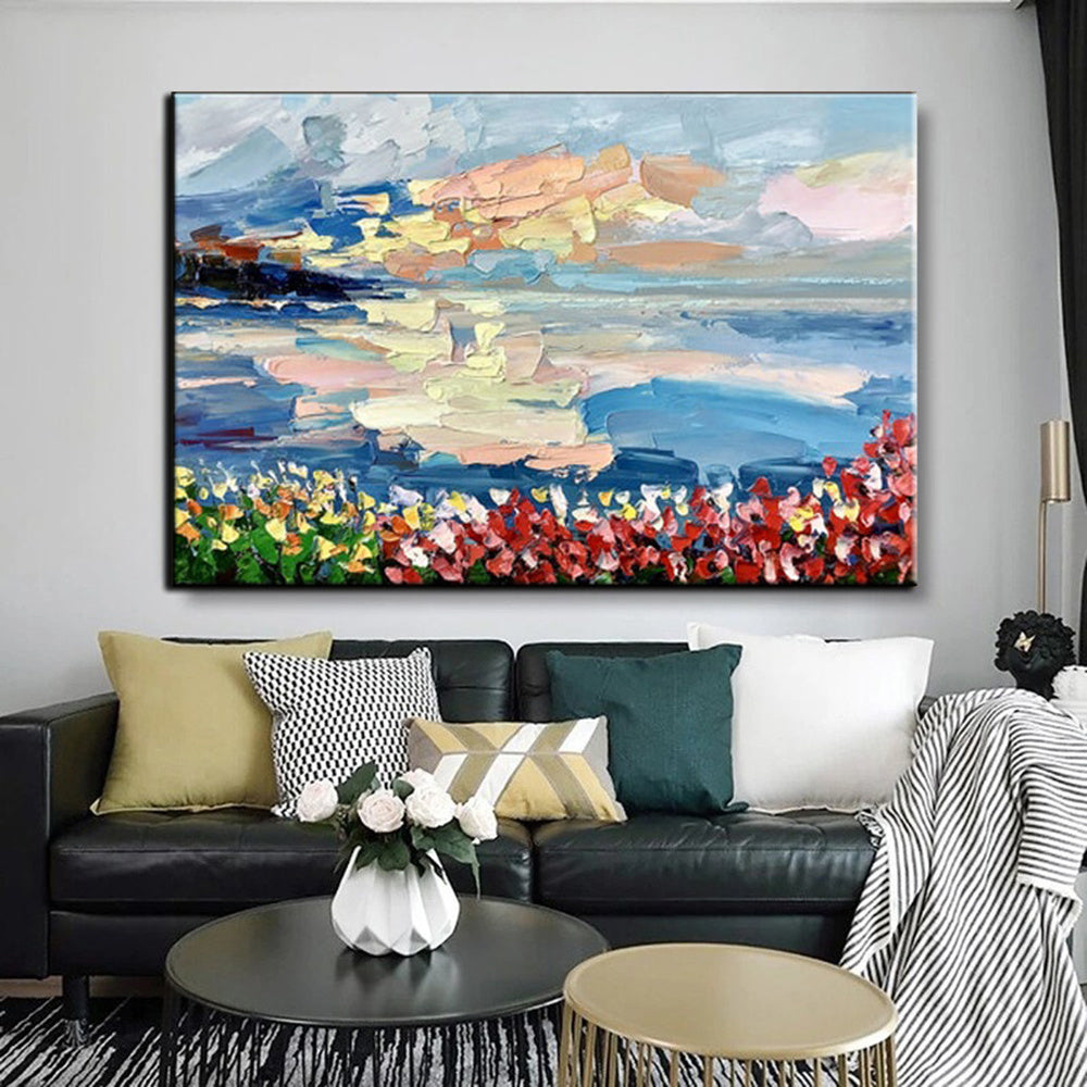 Handmade Oil Painting Floral Ocean Painting Italy Amalfi Seascape Painting Colorful flower Positano Coast Impasto painting Frameless Only Canvas