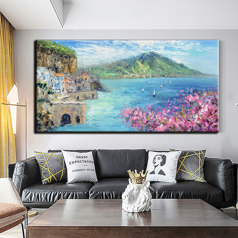 Handmade Oil Painting Floral Ocean Painting Italy Amalfi Seascape Painting Colorful flower Positano Coast Impasto painting Frameless Only Canvas