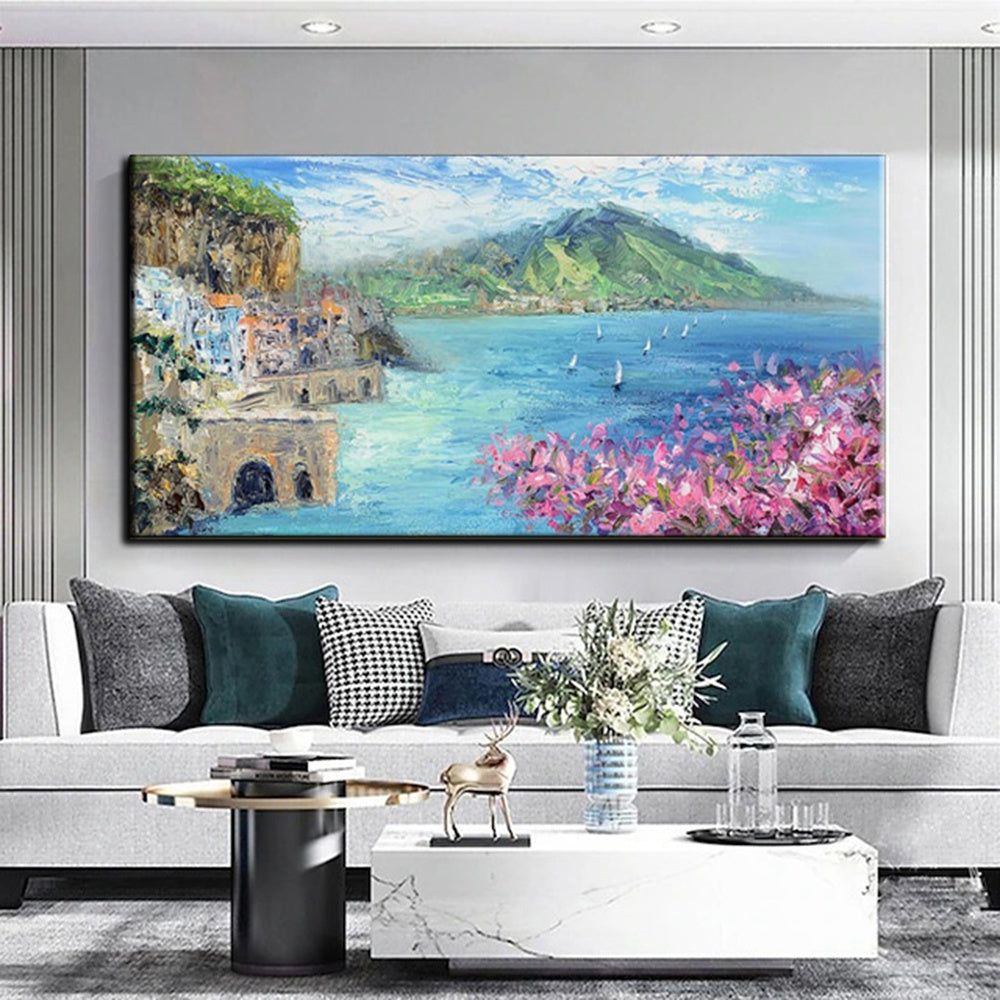 Handmade Oil Painting Floral Ocean Painting Italy Amalfi Seascape Painting Colorful flower Positano Coast Impasto painting Frameless Only Canvas