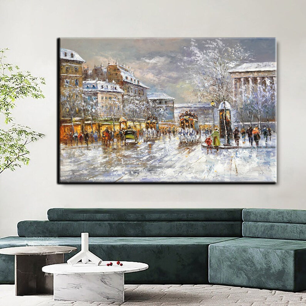 Handmade Oil Painting Paris city art painting People walking in the bustling streets of Paris Large Original Paris City Landscape oil painting Frameless Only Canvas