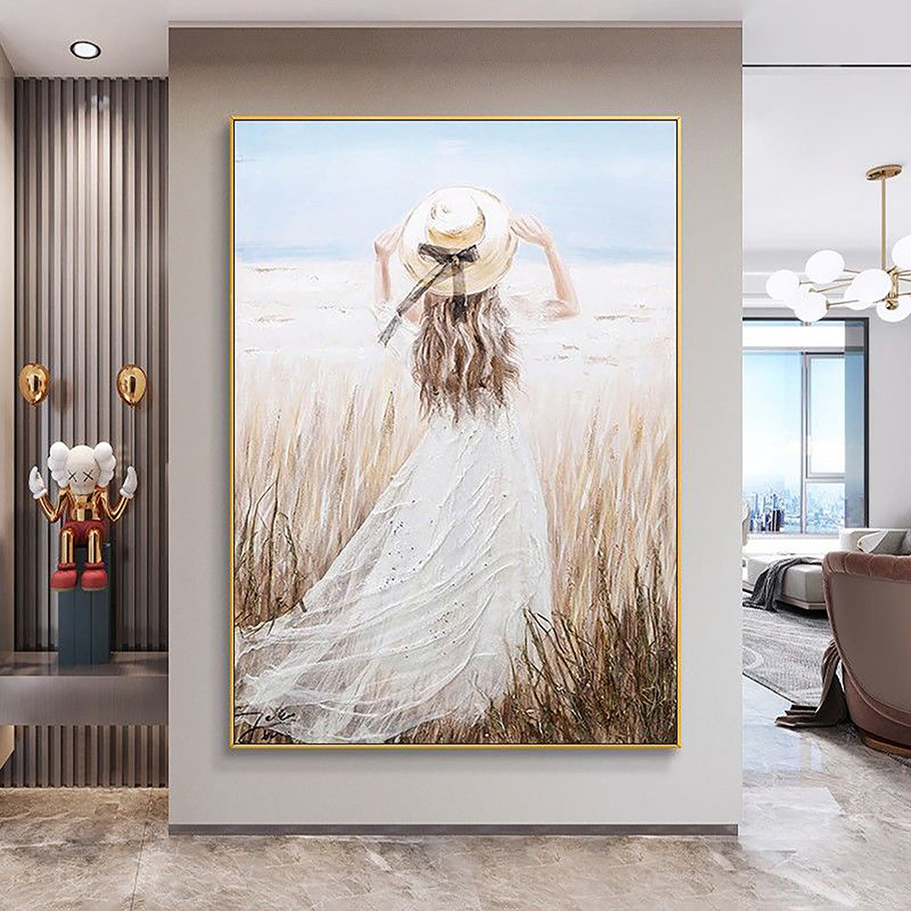 Handmade Oil Painting Nice Day Sky Sea Meadow Flowers Painting on Canvas Handmade Wall Art Original Oil Artwork for Home Living Room Bedroom  Office Dorm Decor Frameless Only Canvas