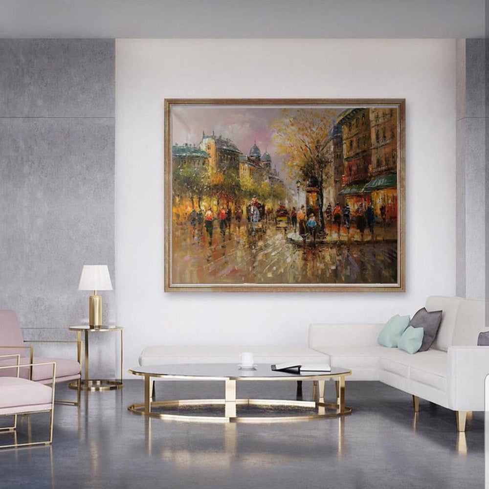 Handmade Oil Painting Paris city art painting People walking in the bustling streets of Paris Large Original Paris City Landscape oil painting Frameless Only Canvas