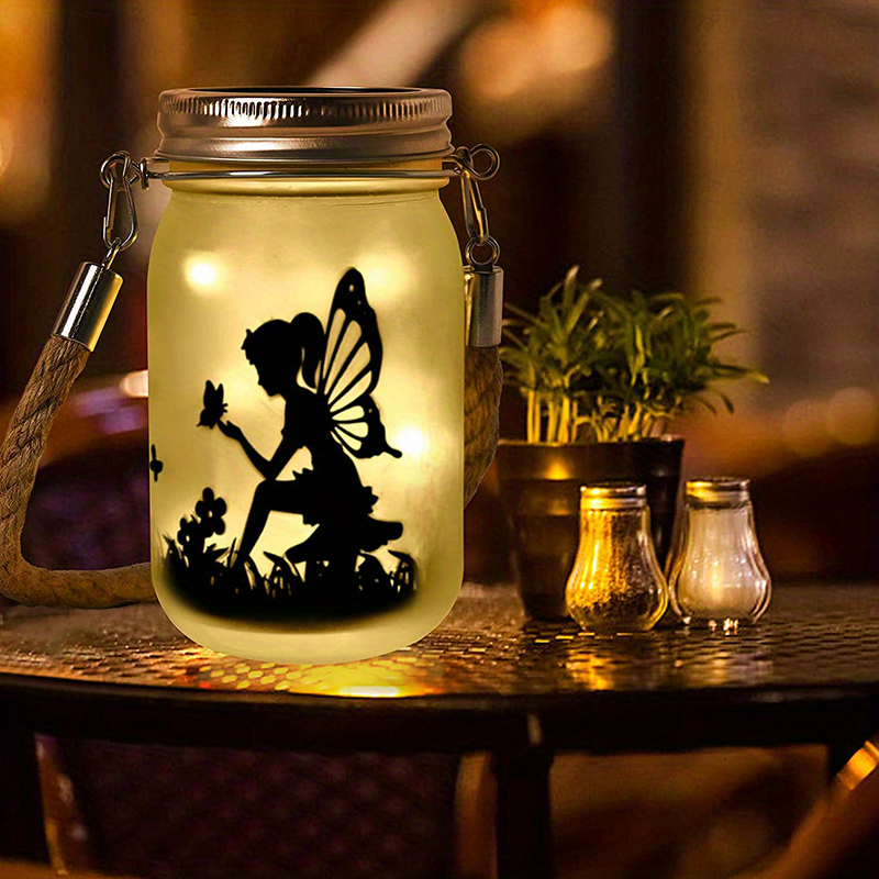 1pc, Outdoor Waterproof Fairy Solar Mason Jar Light, DIY Frosted Glass Jar Elf Decorative Light, Luminous Night Light, Flower Fairy Decorative Bottle Light