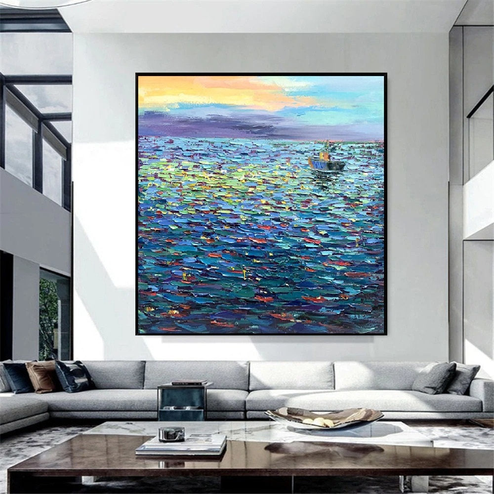 Handmade Oil Painting Handmade Abstract Seascape- Landscape Thick Oil Painting On Canvas -Hand Painting Wall Art Unframed Frameless Only Canvas