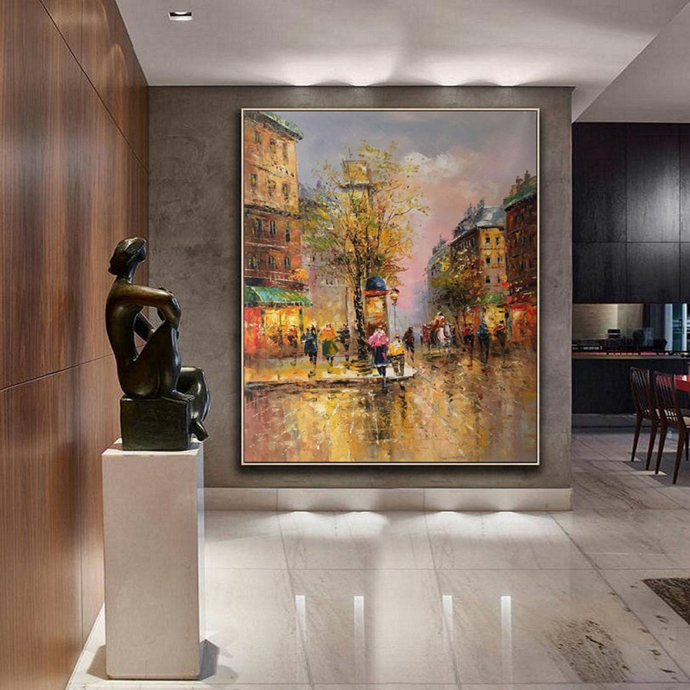 Handmade Oil Painting Paris city art painting People walking in the bustling streets of Paris Large Original Paris City Landscape oil painting Frameless Only Canvas