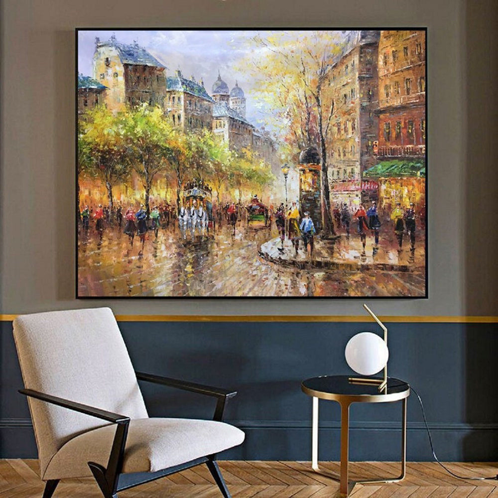 Handmade Oil Painting Paris city art painting People walking in the bustling streets of Paris Large Original Paris City Landscape oil painting Frameless Only Canvas