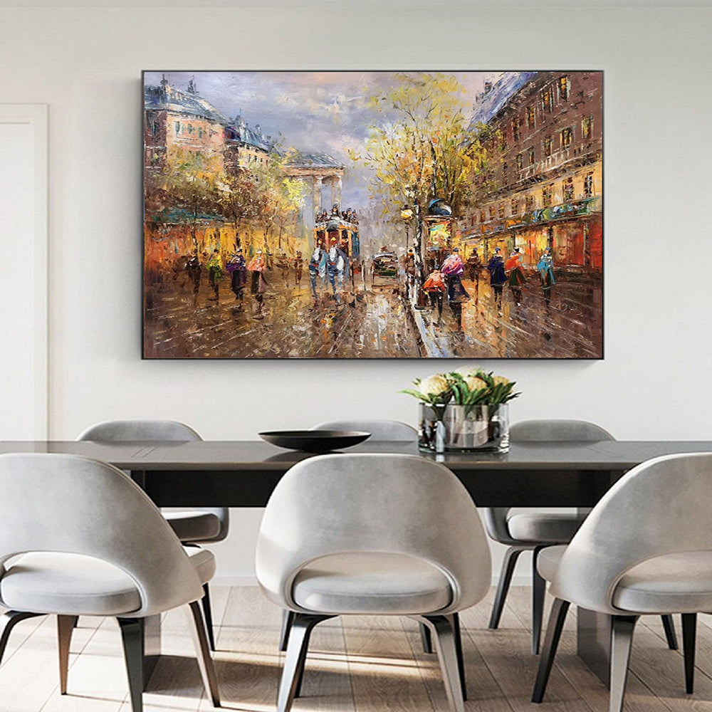 Handmade Oil Painting Paris city art painting People walking in the bustling streets of Paris Large Original Paris City Landscape oil painting Frameless Only Canvas