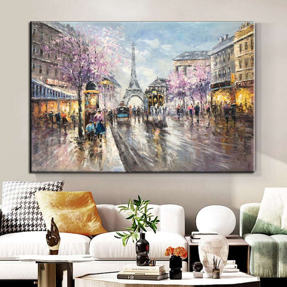 Handmade Oil Painting Paris city art painting People walking in the bustling streets of Paris Large Original Paris City Landscape oil painting Frameless Only Canvas