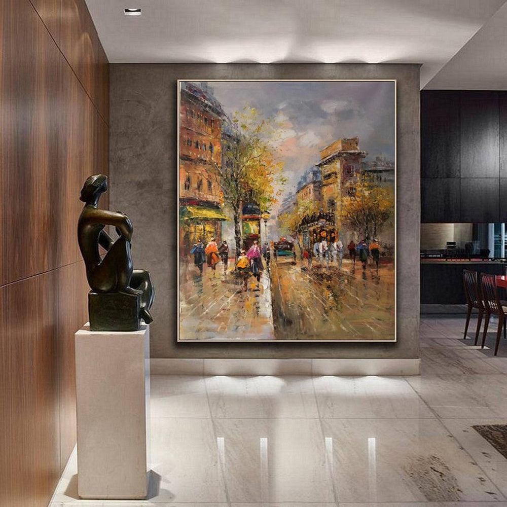 Handmade Oil Painting Paris city art painting People walking in the bustling streets of Paris Large Original Paris City Landscape oil painting Frameless Only Canvas