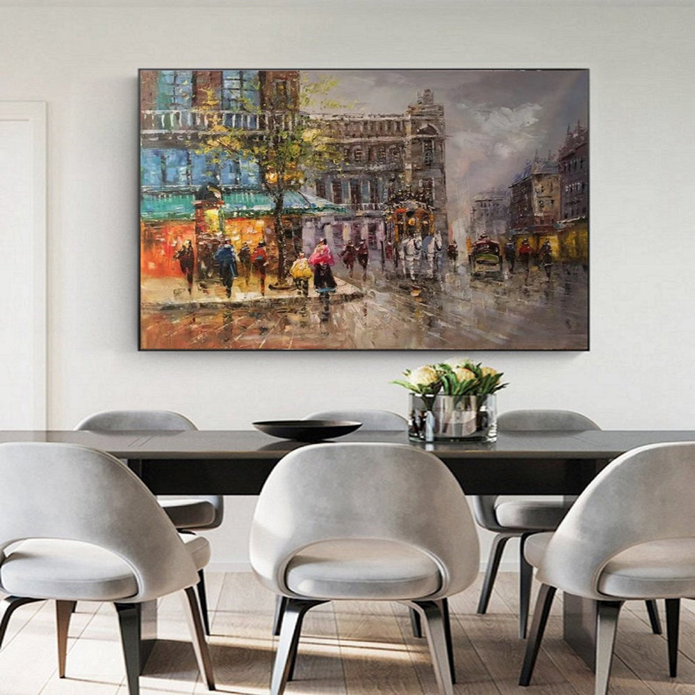 Handmade Oil Painting Paris city art painting People walking in the bustling streets of Paris Large Original Paris City Landscape oil painting Frameless Only Canvas