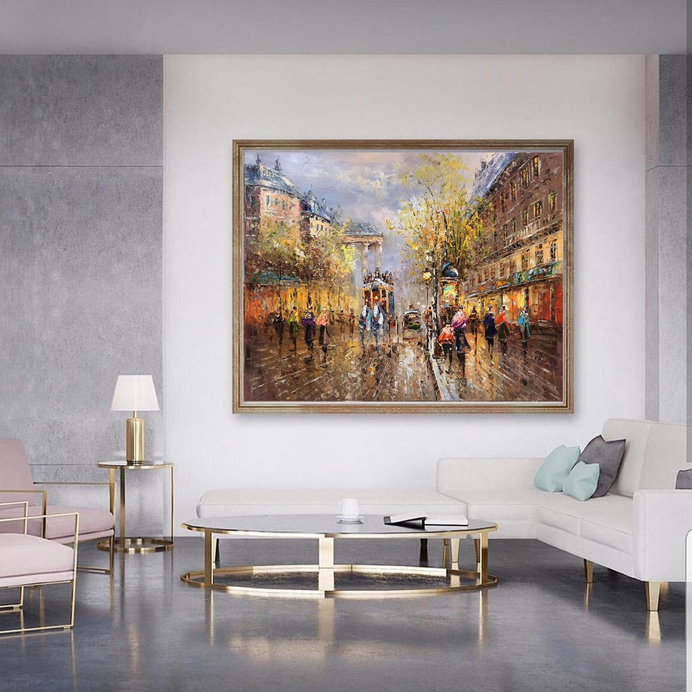 Handmade Oil Painting Paris city art painting People walking in the bustling streets of Paris Large Original Paris City Landscape oil painting Frameless Only Canvas