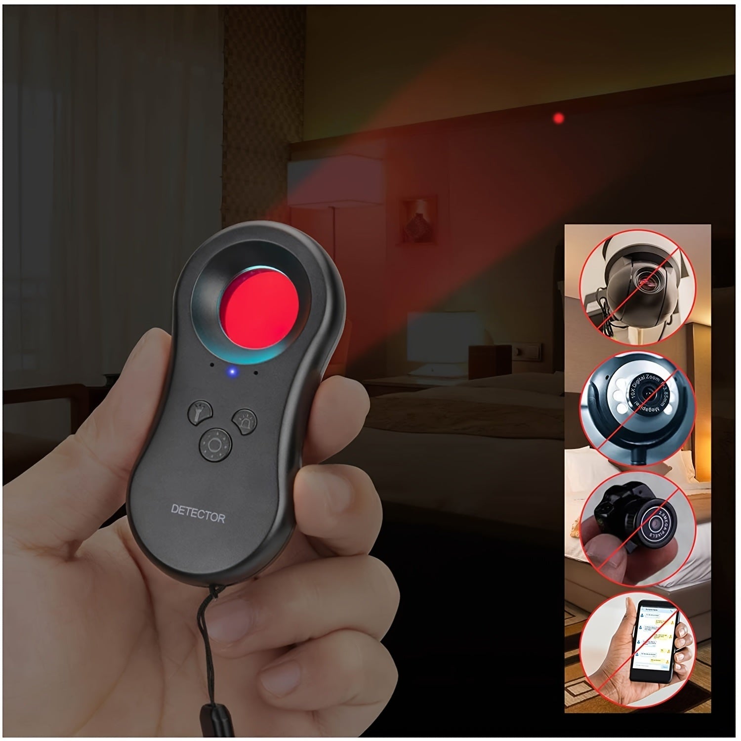 Hidden Camera Detectors; LED Hidden Device Detector With Infrared Viewfinders - Pocket Sized Anti Spy Camera Finder Locates Hidden Camera; Chargeable Anti Theft Alarm In Hotels And Bathroom