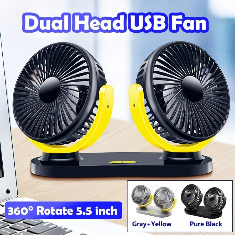 USB Desk Fan 5.5 Inch Powerful Table Fan Dual Head 360° Rotate Quiet 3 Speeds Wind Desktop USB Fan With 55 Inch USB Cable For Home Office Indoor Outdoor Car Truck