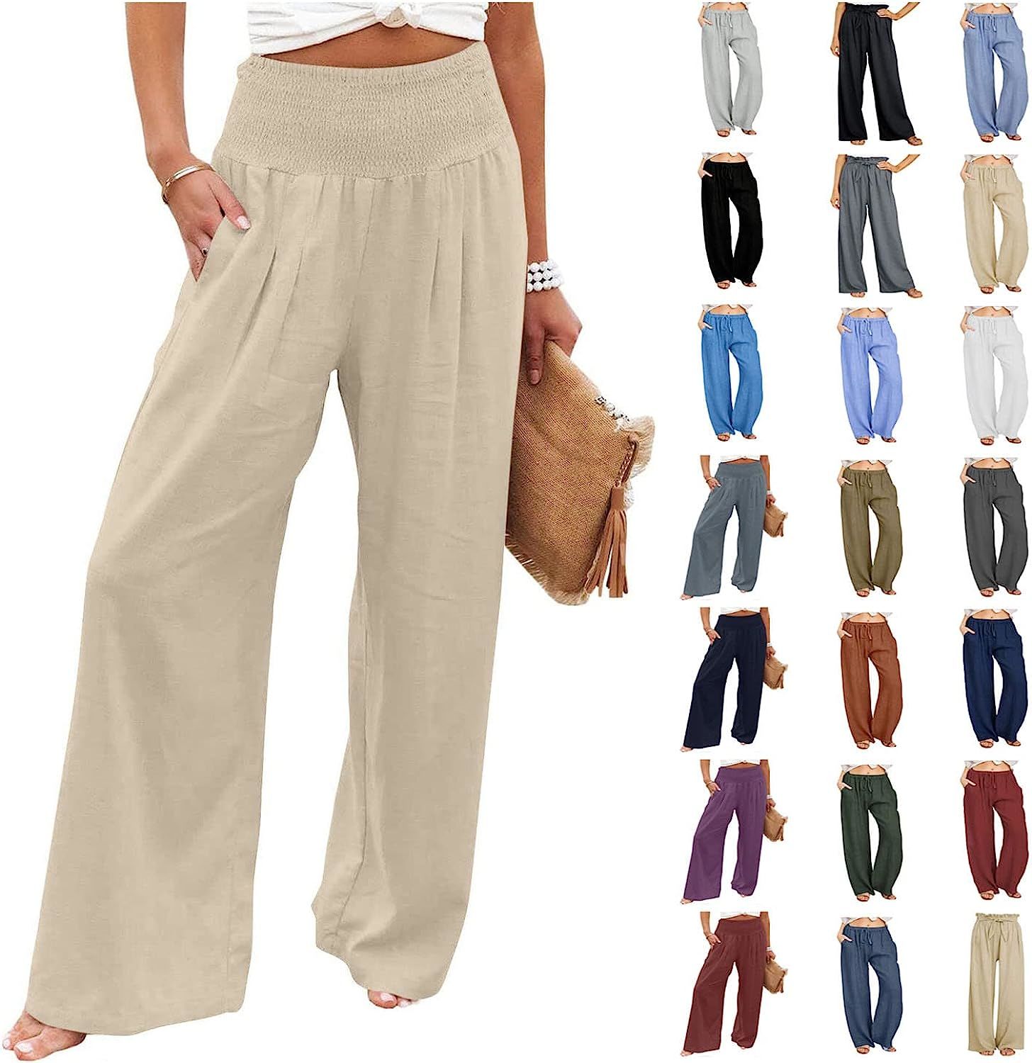 TUNUSKAT Womens Cotton Linen Wide Leg Pants Summer Casual High Waisted Palazzo Pants Baggy Lounge beach Trousers with Pocket