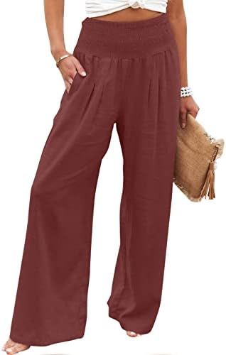 TUNUSKAT Womens Cotton Linen Wide Leg Pants Summer Casual High Waisted Palazzo Pants Baggy Lounge beach Trousers with Pocket