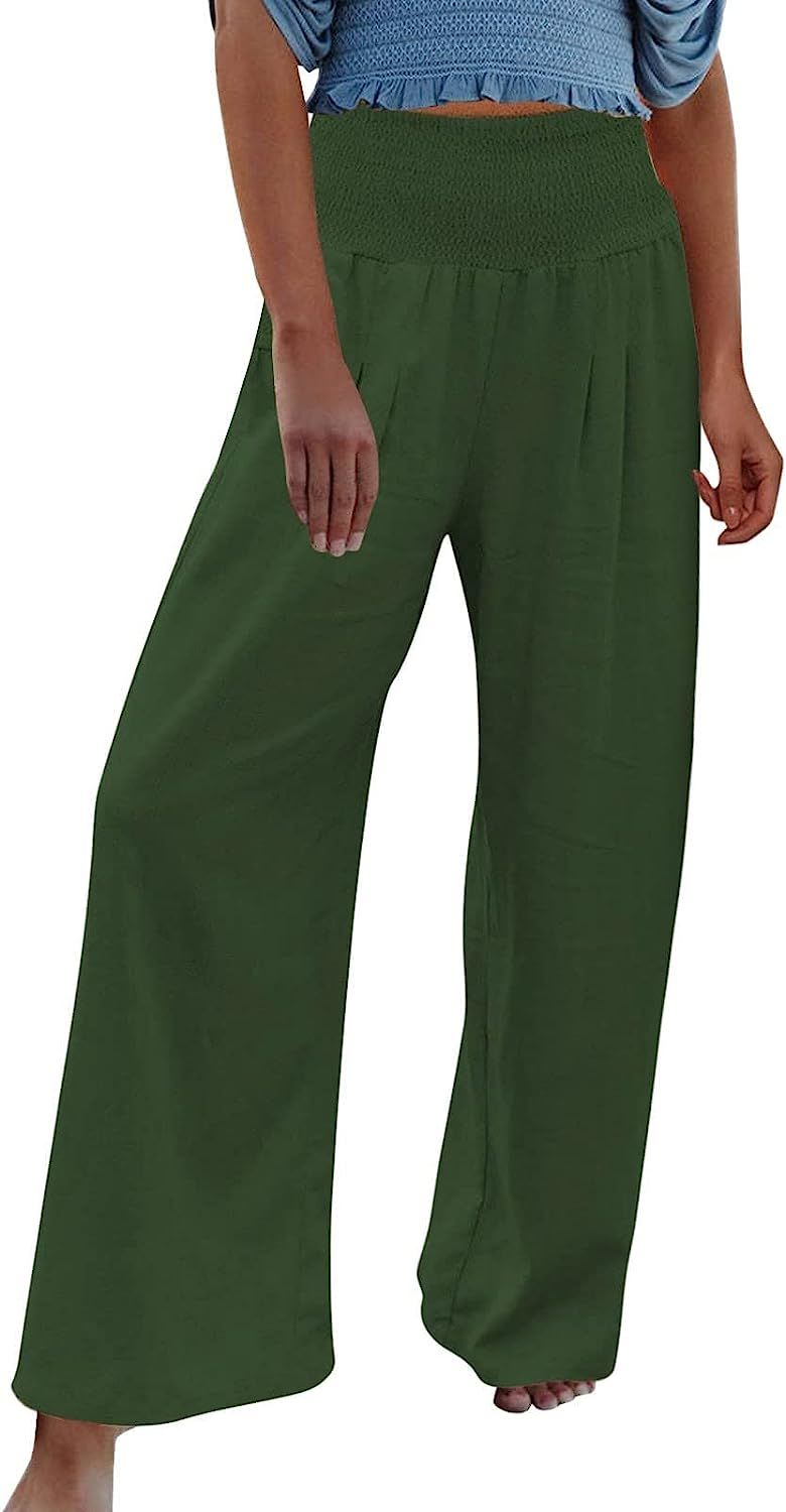 TUNUSKAT Womens Cotton Linen Wide Leg Pants Summer Casual High Waisted Palazzo Pants Baggy Lounge beach Trousers with Pocket