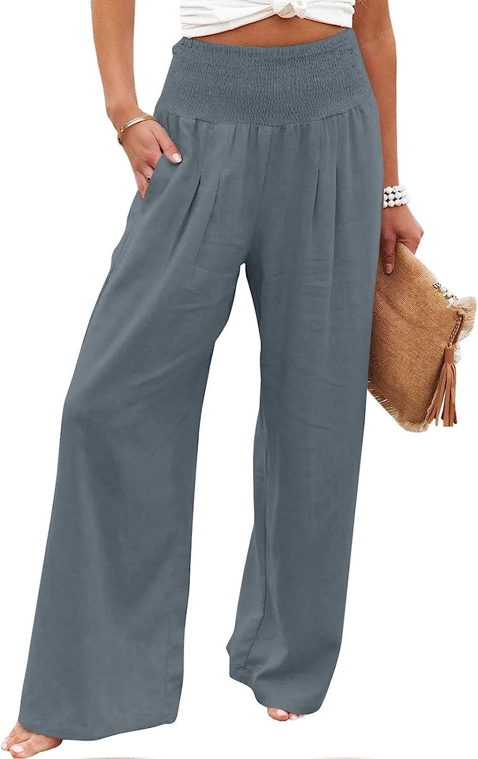 TUNUSKAT Womens Cotton Linen Wide Leg Pants Summer Casual High Waisted Palazzo Pants Baggy Lounge beach Trousers with Pocket