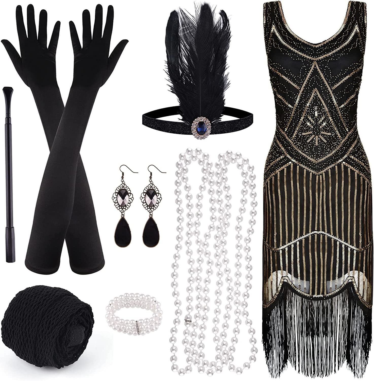 FEPITO 1920s V Neck Sequin Beaded Fringed Dress with 20s Accessories Set