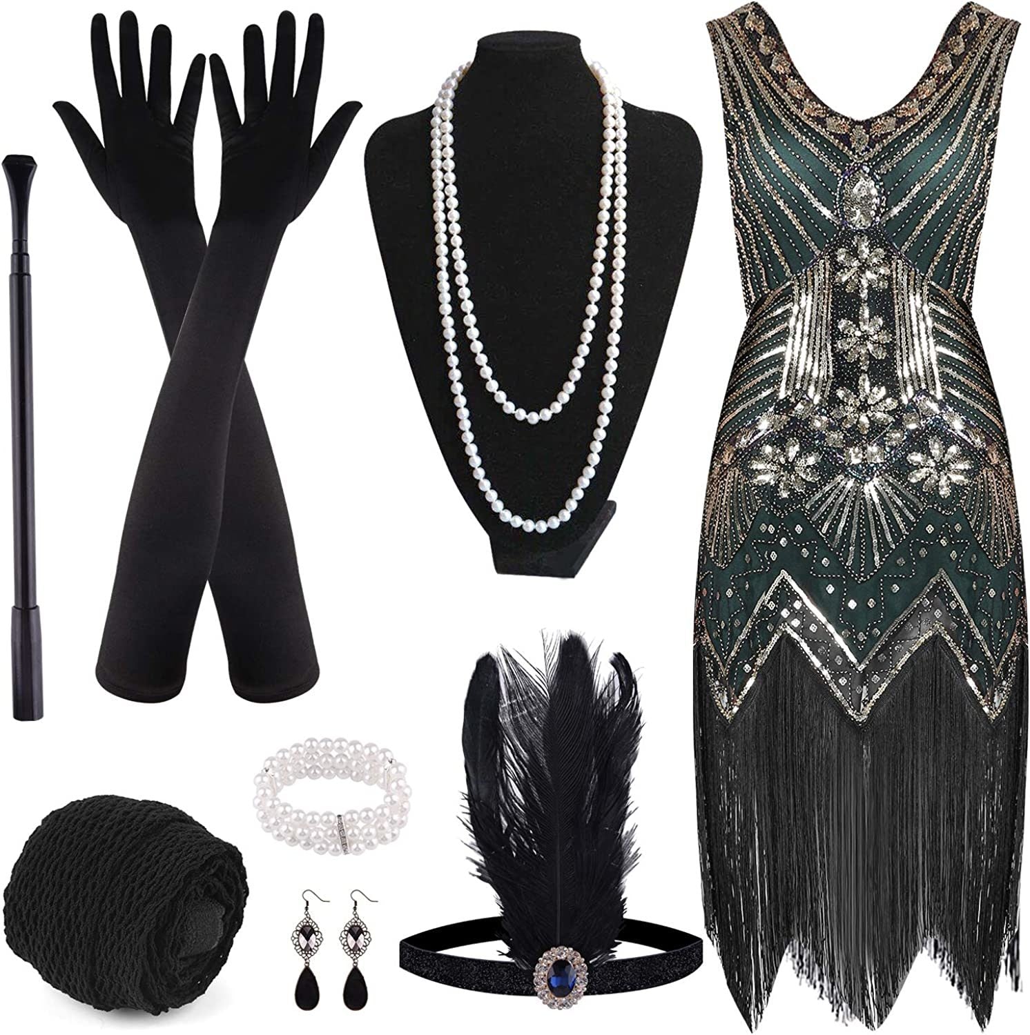 FEPITO 1920s V Neck Sequin Beaded Fringed Dress with 20s Accessories Set