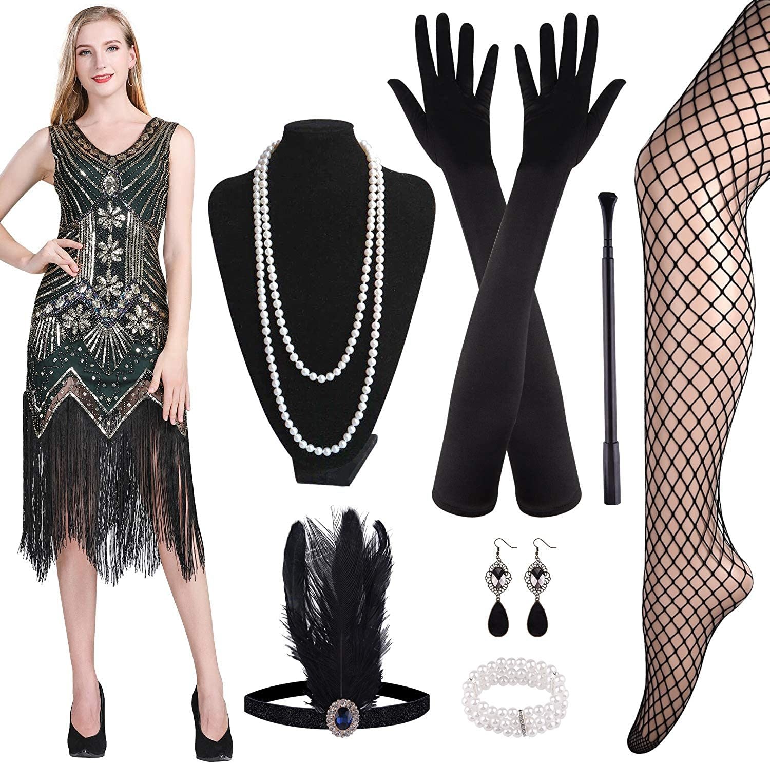 FEPITO 1920s V Neck Sequin Beaded Fringed Dress with 20s Accessories Set