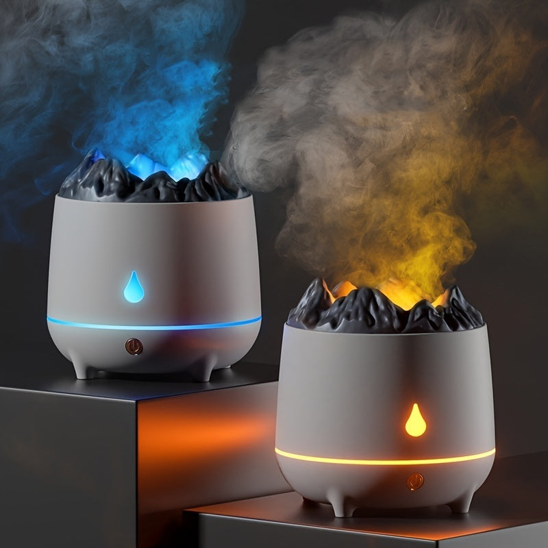 1Pc Flaming Mountain Aromatherapy Machine Humidifier Home Large Fog Volume 400mL Creative Aromatherapy Machine Ultrasonic Simulated Volcano Humidifier With Flame Night Light