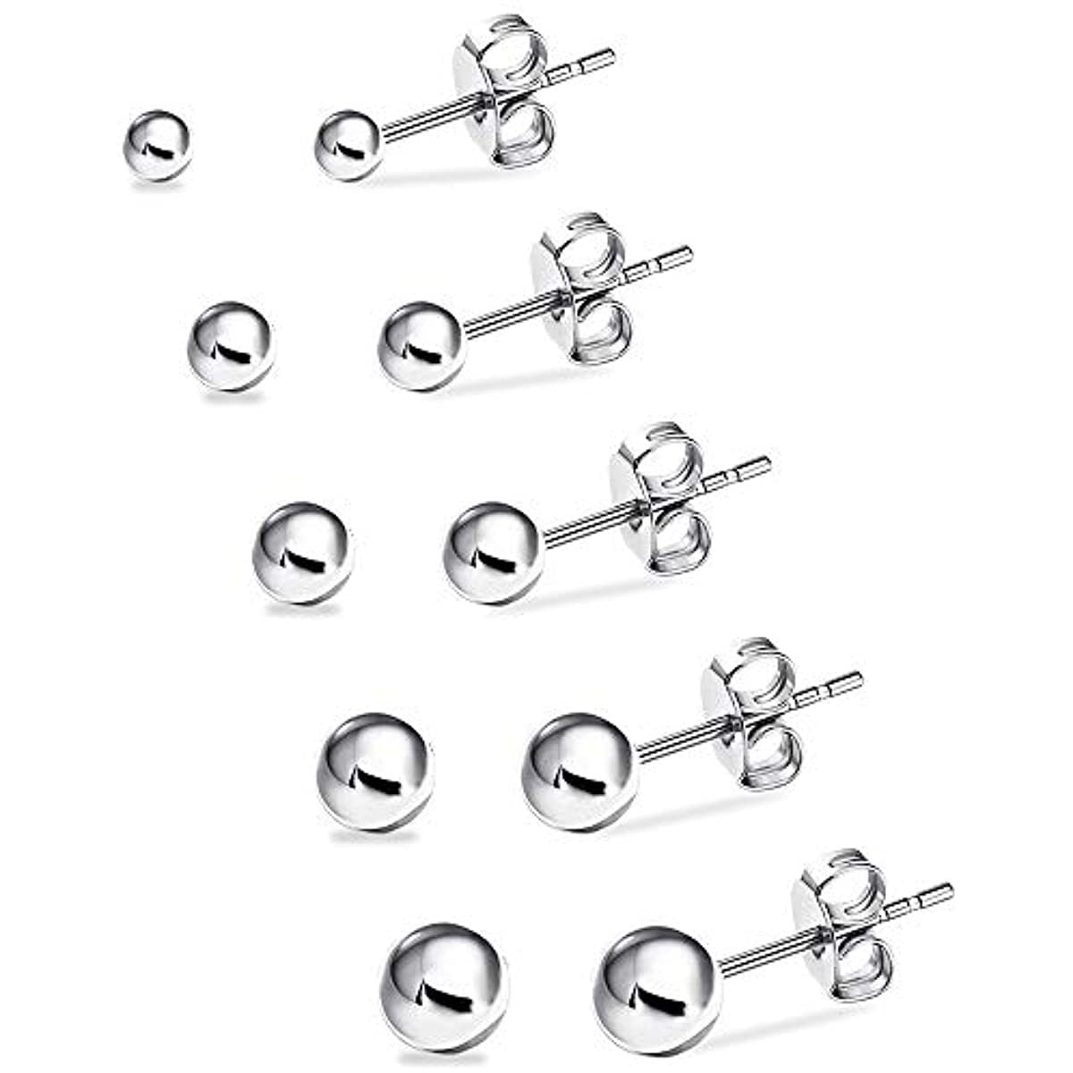 UHIBROS Hypoallergenic Studs Earrings 316L Surgical Stainless Steel Earrings Round Ball Earring 5 Pairs Assorted Sizes(4mm-8mm)