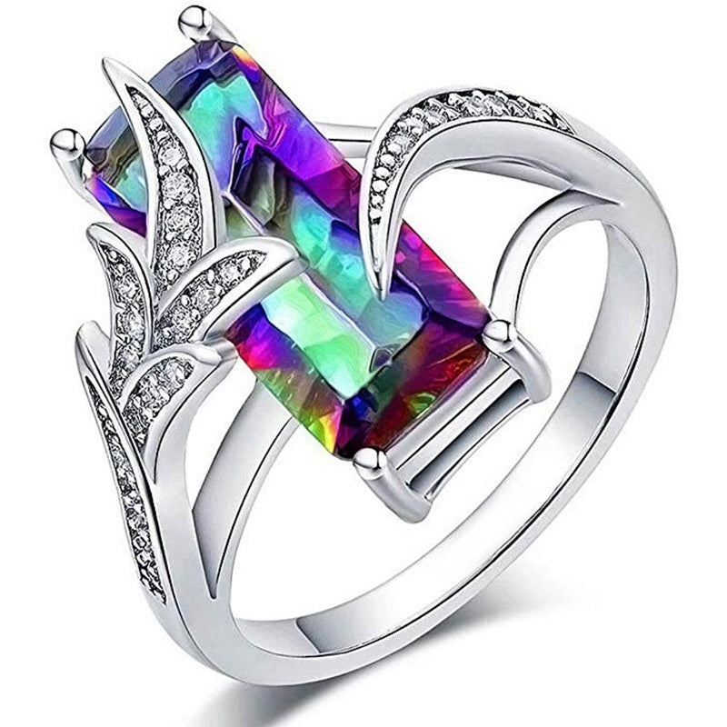 925 Silver Plated Rainbow Square Topaz Ring For Women Banquet Party Jewelry Gifts