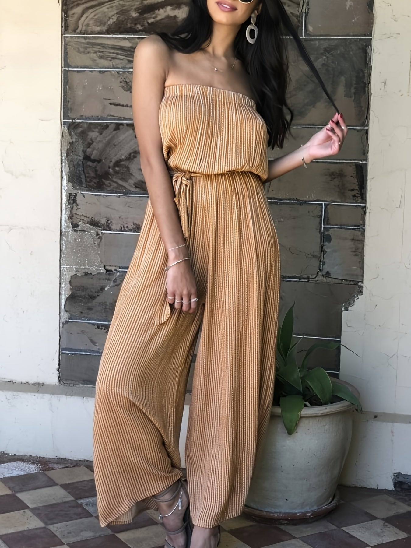 Boho Wide Leg Tube Jumpsuit; Casual Holiday Backless Tie Front Jumpsuit For Spring & Summer