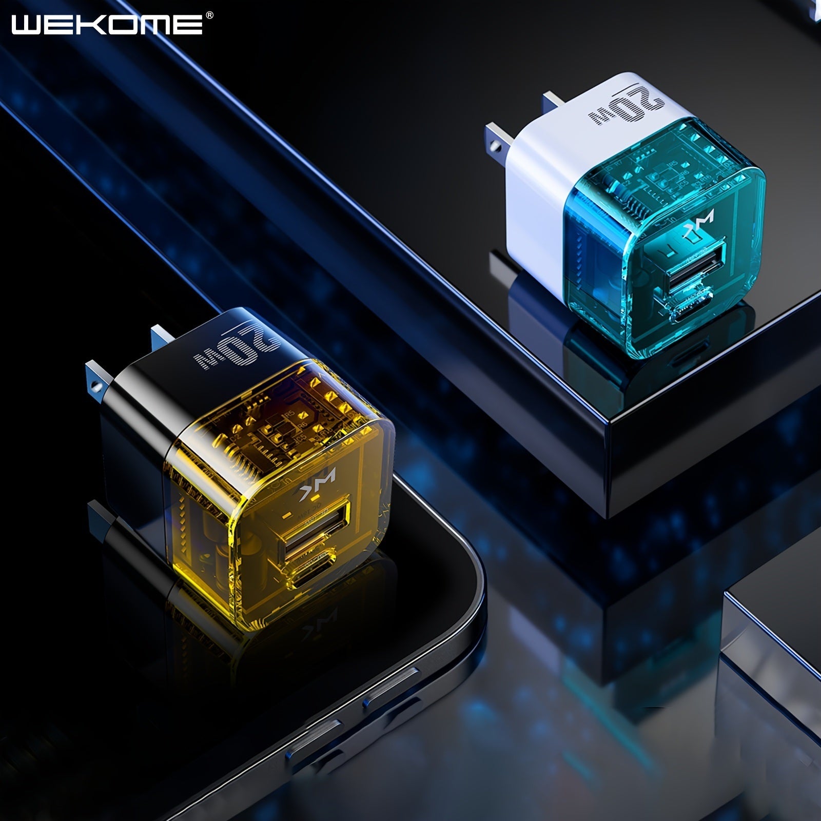 Dual Port A+C Fast Charging PD20W USB QC3.0 Fast Charging Transparent Wall Charger