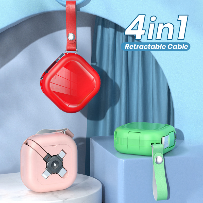 1M 4-in-1 Retractable Roller Kickstand; Lightning Micro USB Type C USB Charger Cable; For Apple IOS Android Smartphone Connector