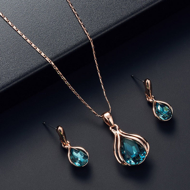 Fashion Blue Crystal Water Drop Necklace Studded Earrings Set Gem Stone Jewelry Women's Jewelry