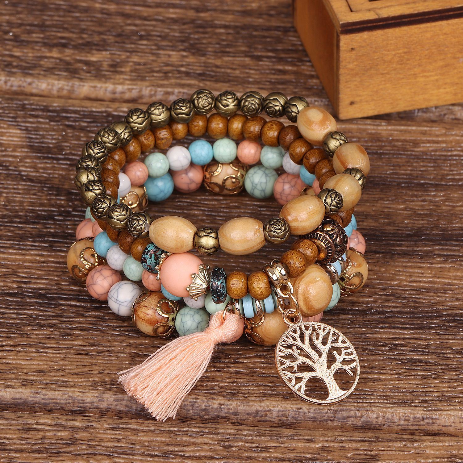 4pcs Tree & Tassel Charm Beaded Bracelet Handmade