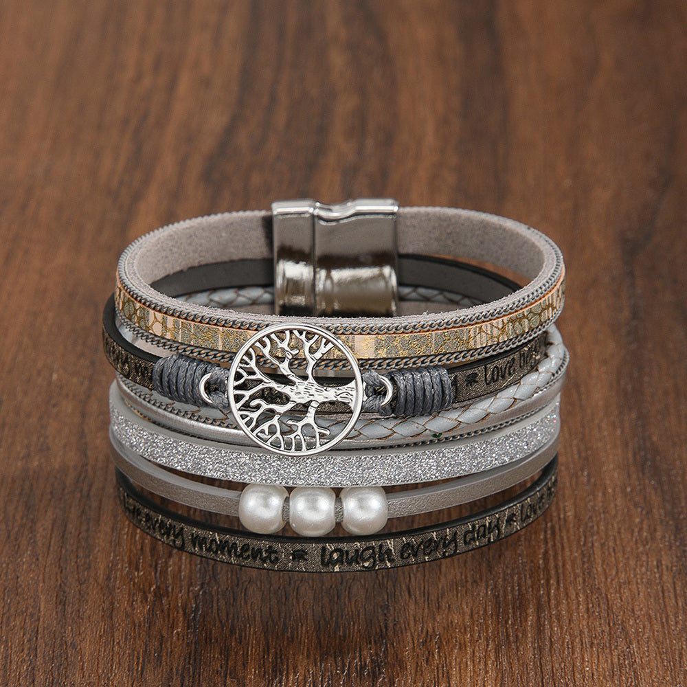 Hollow Tree Of Life Letters Pearl Women's Leather Bracelet