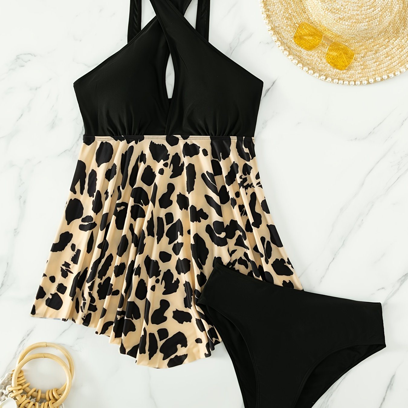 Plus Size Criss Cross Neck Leopard Print Bikini Set; Women's Plus Medium Stretch Elegant Swimsuit Set Bathing Suit Set