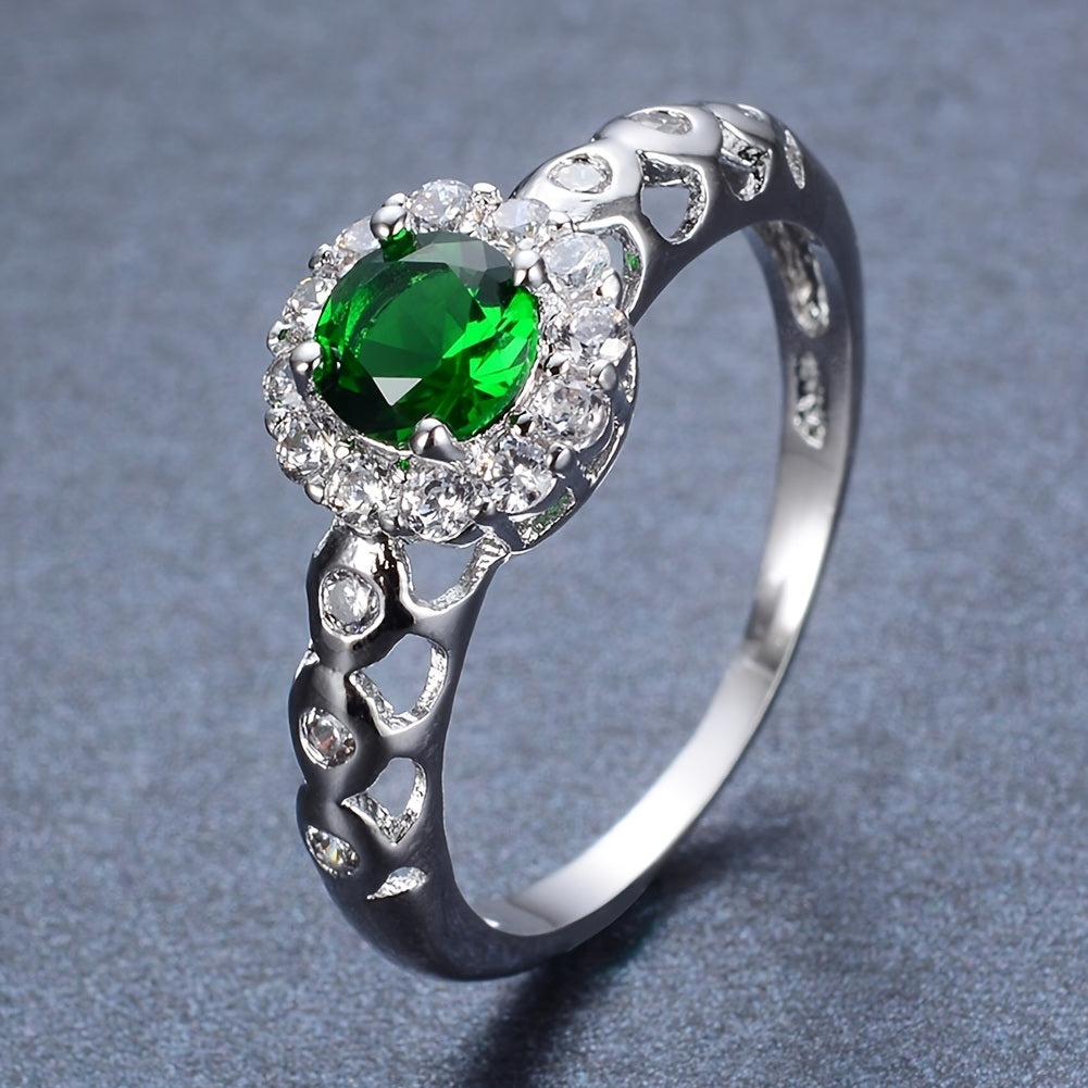 Elegant Hollow Round Emerald Zircon Ring Band Ring Luxury Jewelry Wedding Banquet For Women Girls Bride