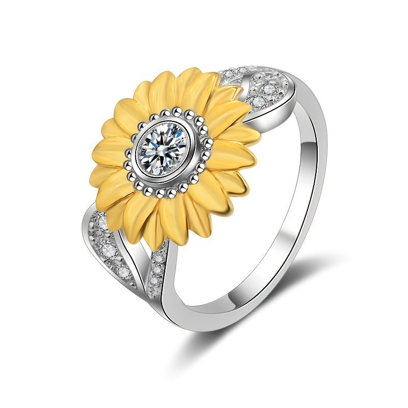 Elegant Sunflower Inlaid Zircon Ring Creative Flower Design Birthstone Vintage Ring For Women Girls Gift