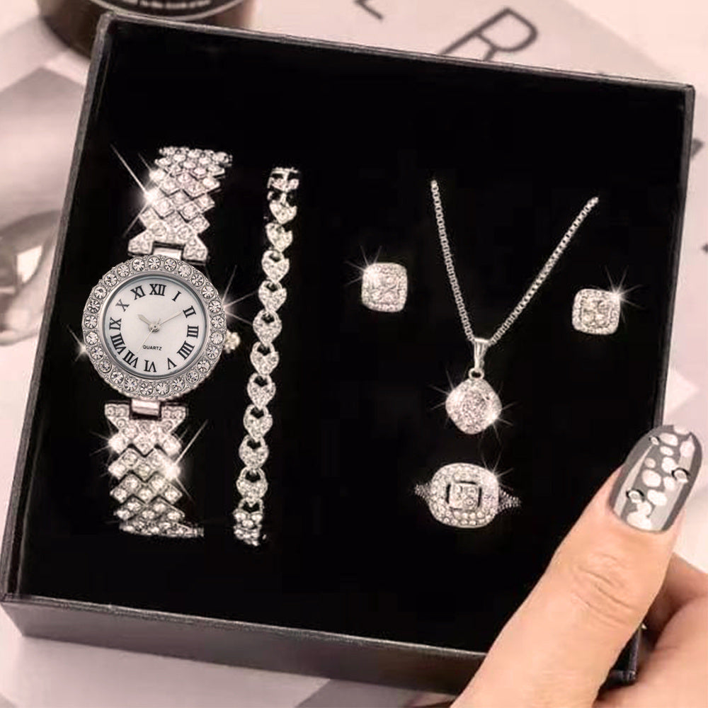 6pcs/set Rhinestone Watch + Jewelry Set Fancy Women Watches Jewelry Sophisticated And Stylish Women Watch