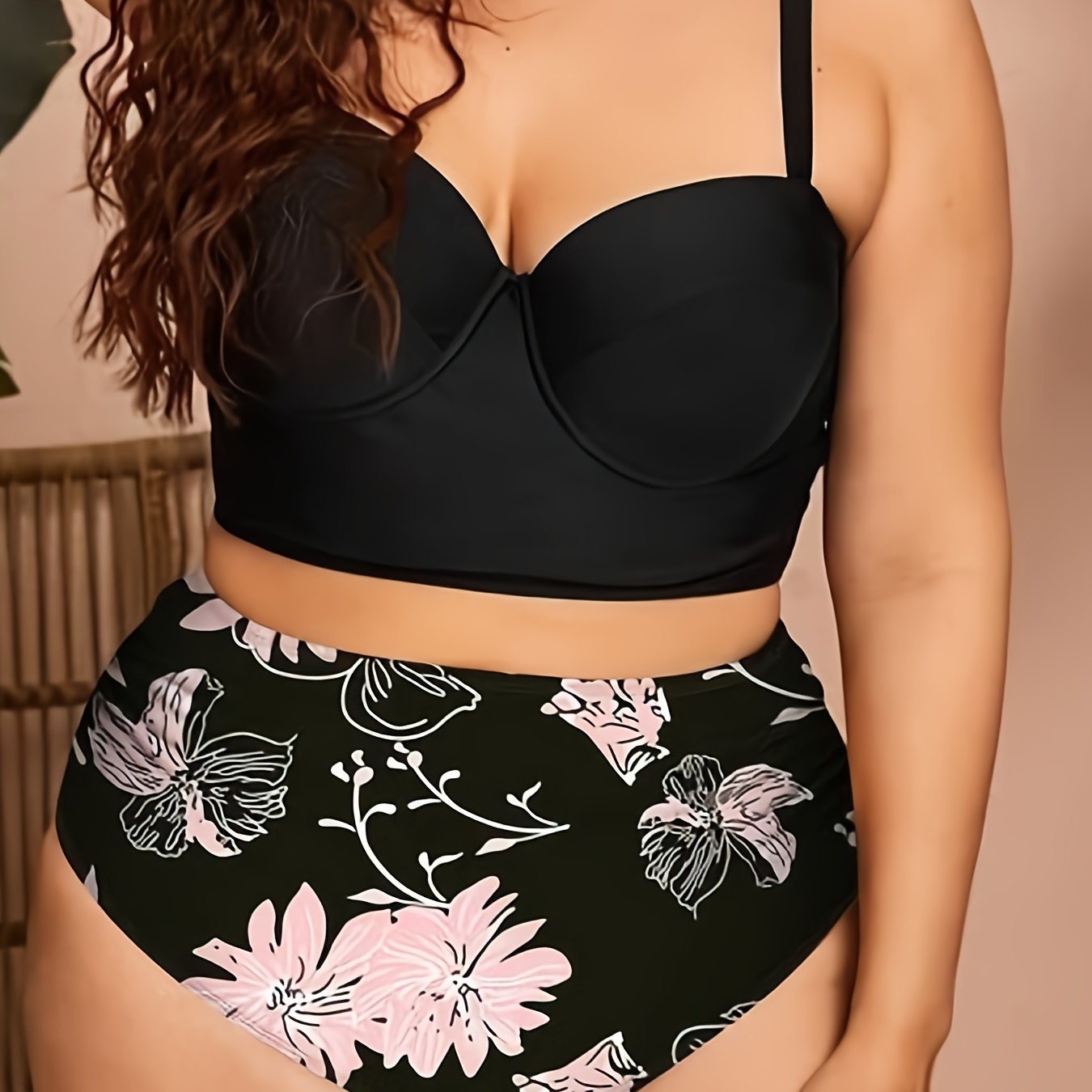 Plus Size Solid Cami Top & Sunflower Print Pants Swimsuit Set; Women's Plus High Stretch 2pcs Swimsuit Set