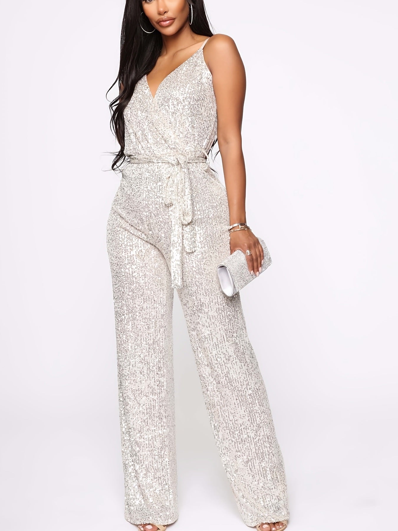 Sequined Belted Jumpsuit; Elegant V-neck Spaghetti Strap Jumpsuit