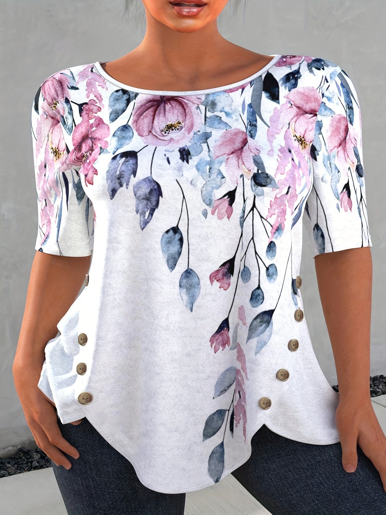 Plus Size Casual T-shirt; Women's Plus Floral Print Short Sleeve Button Decor Round Neck Tee