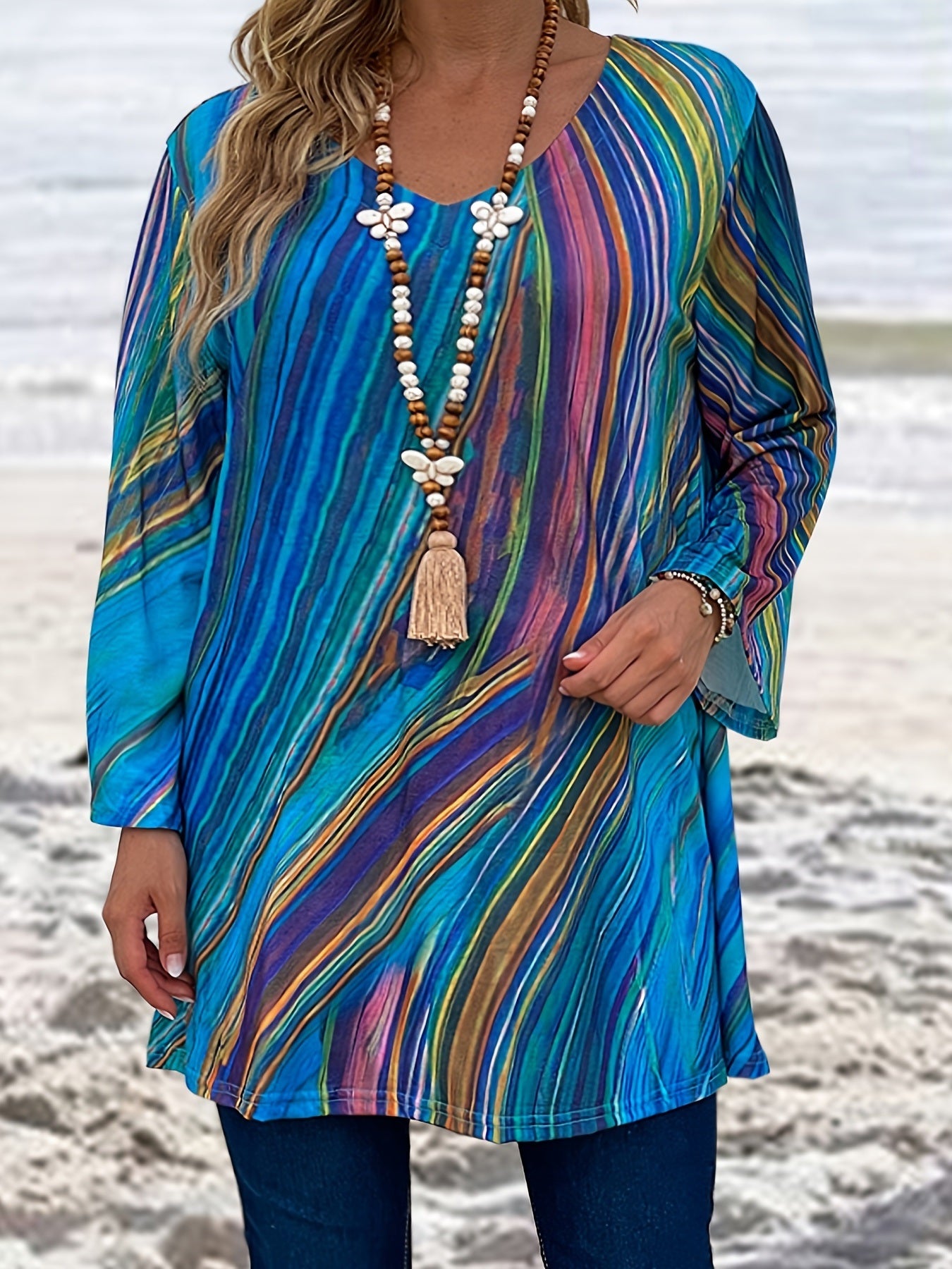 Plus Size Casual Top; Women's Plus Fluid Print Half Sleeve V Neck Slight Stretch Tunic Top