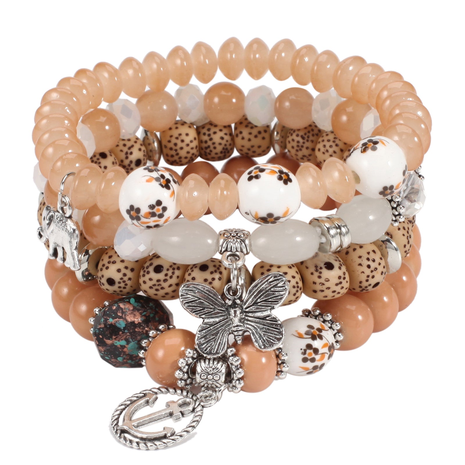 Bohemian Layered Beaded Bracelet Elephant & Anchor & Butterfly Shaped Pendant Stretch & Stackable All-match Bracelet For Unisex Summer Beach Jewelry Accessories