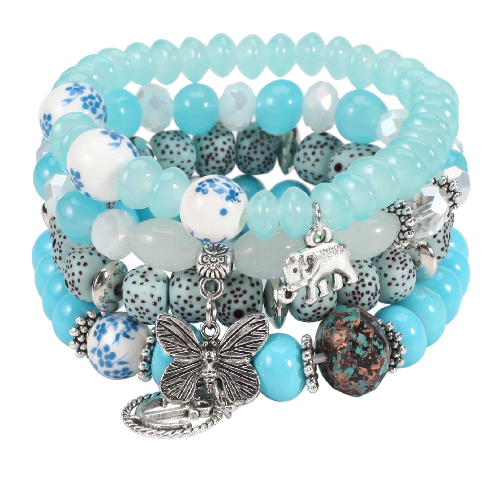 Bohemian Layered Beaded Bracelet Elephant & Anchor & Butterfly Shaped Pendant Stretch & Stackable All-match Bracelet For Unisex Summer Beach Jewelry Accessories