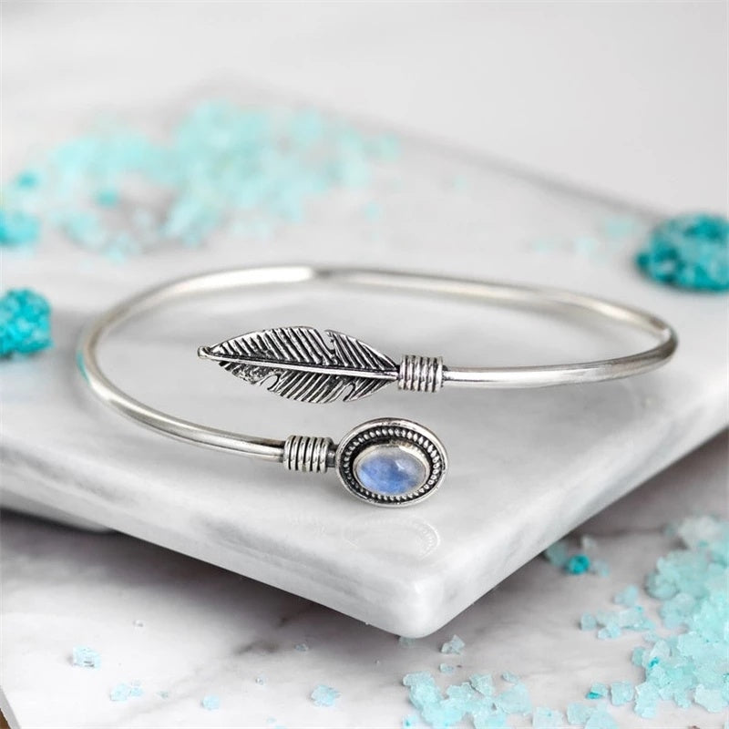 Feather Moonstone Bracelet Silvery Cuff Bangle Bracelet For Women Female Stones Bohemian Accessories Party Jewelry Gifts