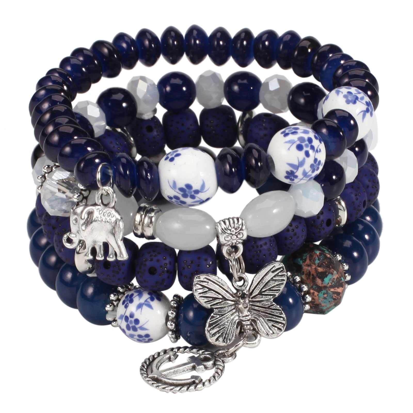 Bohemian Layered Beaded Bracelet Elephant & Anchor & Butterfly Shaped Pendant Stretch & Stackable All-match Bracelet For Unisex Summer Beach Jewelry Accessories