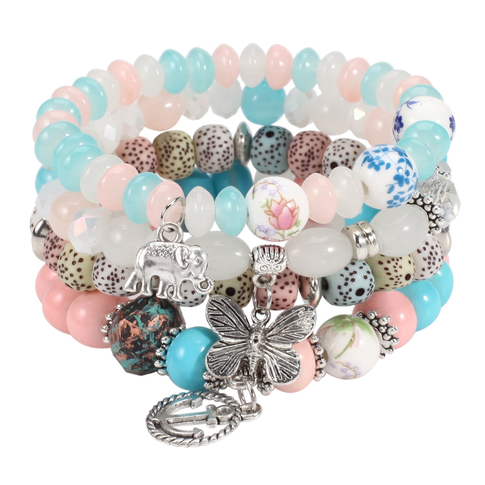 Bohemian Layered Beaded Bracelet Elephant & Anchor & Butterfly Shaped Pendant Stretch & Stackable All-match Bracelet For Unisex Summer Beach Jewelry Accessories