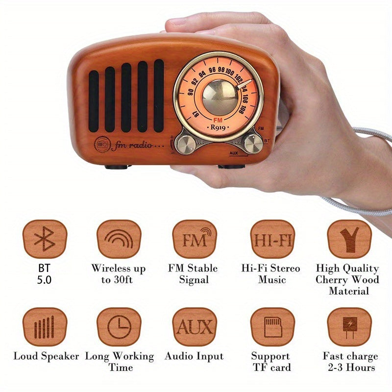 Portable FM Radio (R919) With 5.0 BT Speaker; Walnut Wooden FM Radio With Old Fashioned Classic Style; Strong Bass Enhancement; Loud Volume