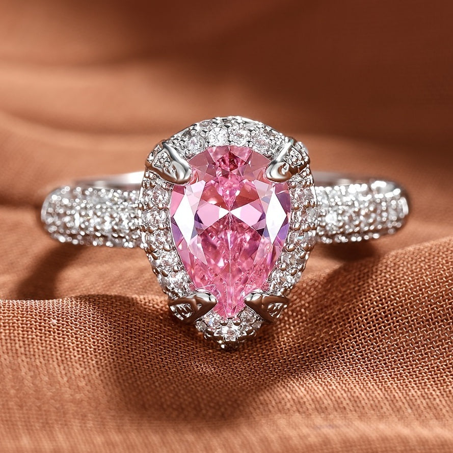 Chic Pink Waterdrop Zircon Ring Bride Wedding Engagement Jewelry Gift